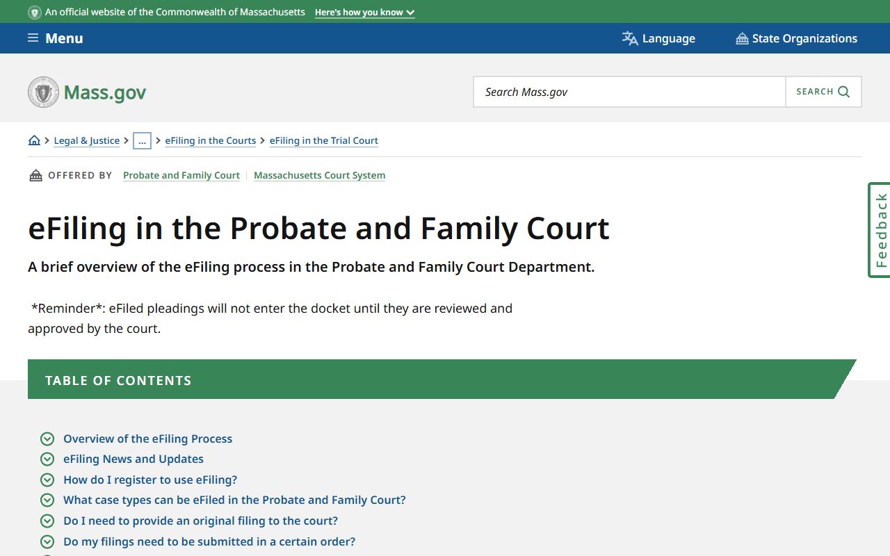 Norfolk County clerk of court records eFiling system for Probate and Family Court