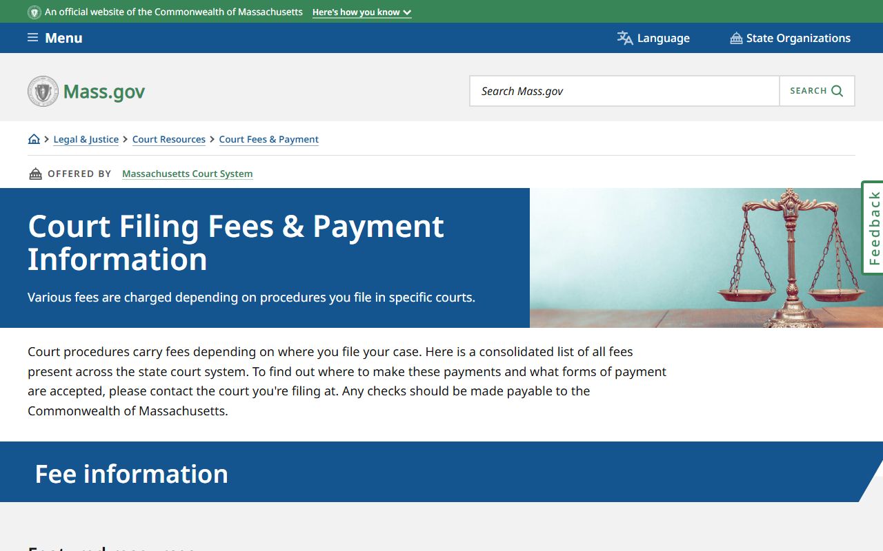 Norfolk County court records filing fees and payment information on Mass.gov
