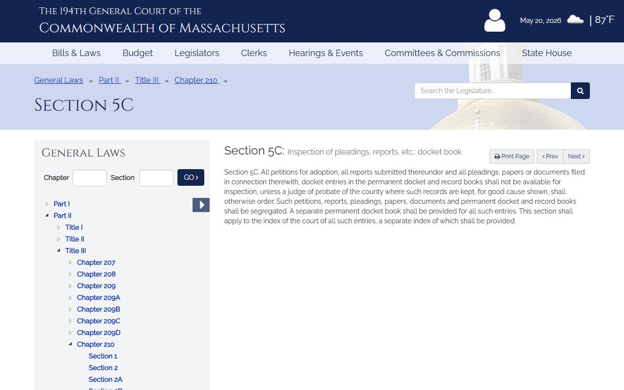 Norfolk County arrest records context: adoption court record confidentiality statute M.G.L. c. 210 section 5C