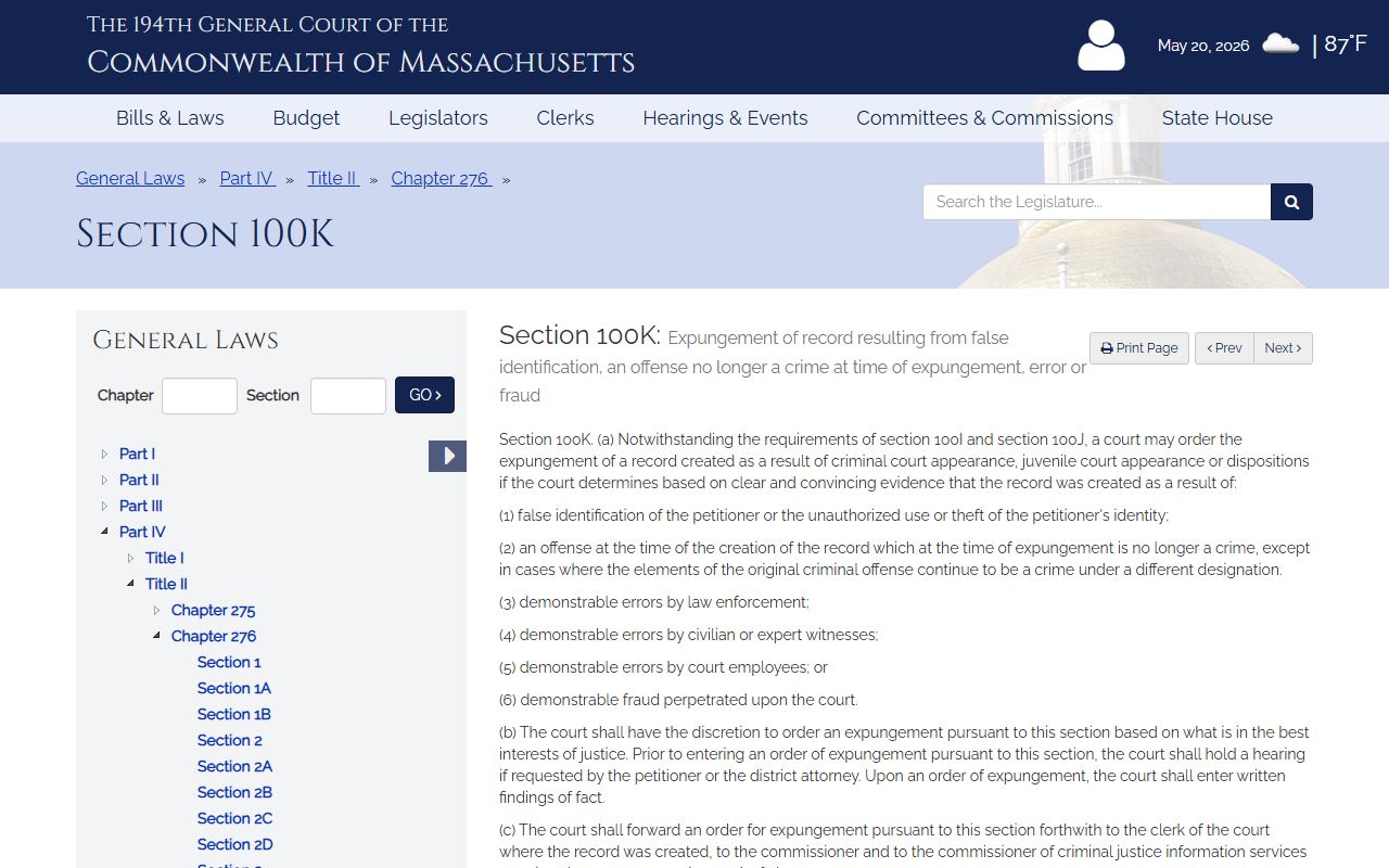 Norfolk County arrest records expungement under M.G.L. c. 276 section 100K
