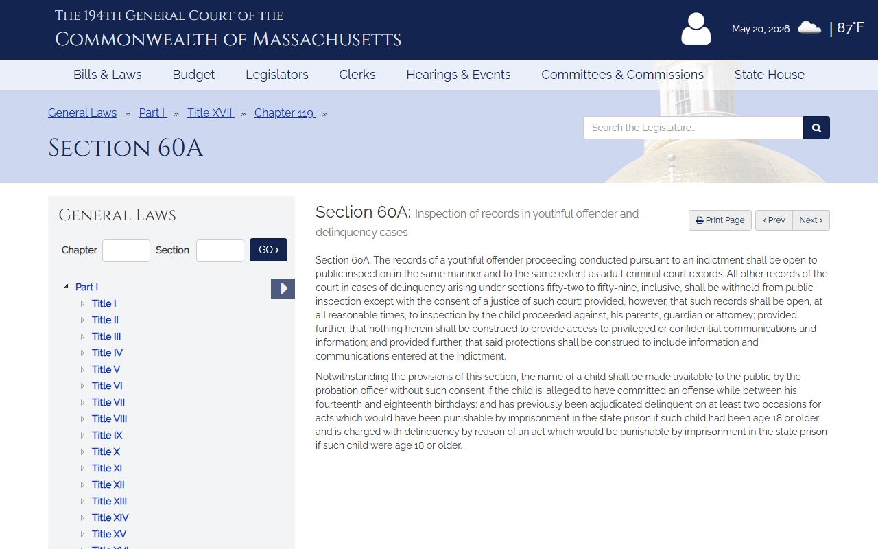 Norfolk County juvenile arrest records access restriction under M.G.L. c. 119 section 60A