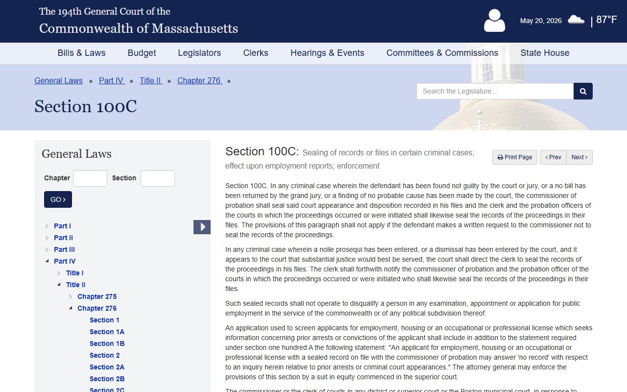 Norfolk County arrest records non-conviction sealing under M.G.L. c. 276 section 100C