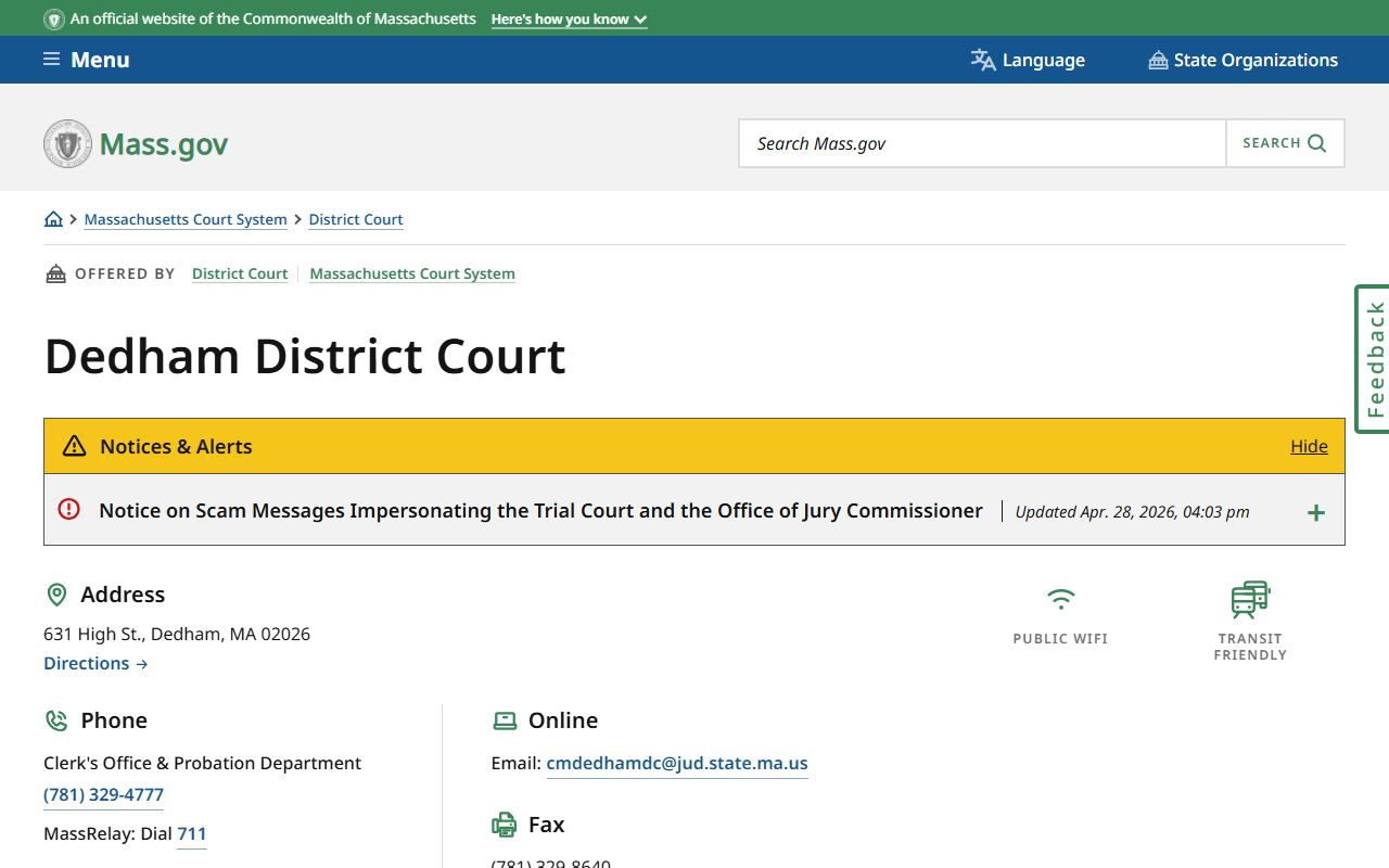 Norfolk County District Court at Dedham District Court location page