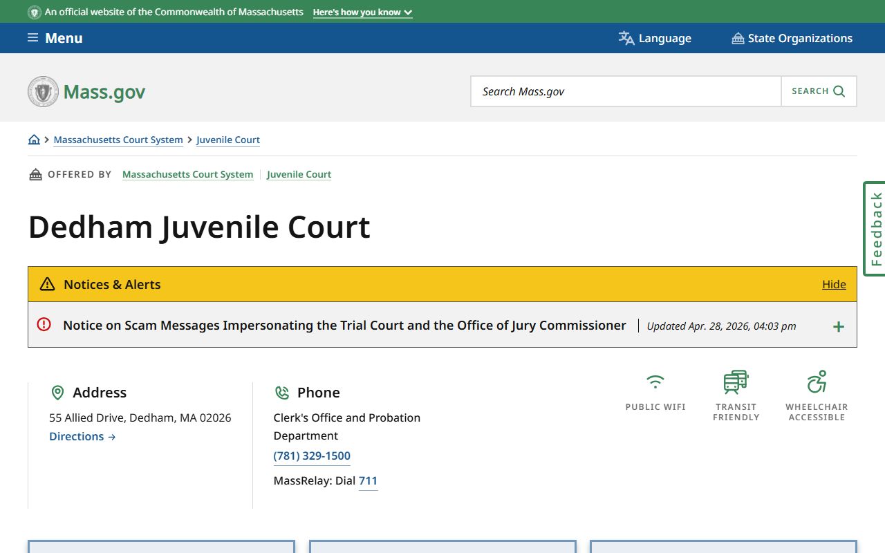 Norfolk County District Court area at Dedham Juvenile Court location page