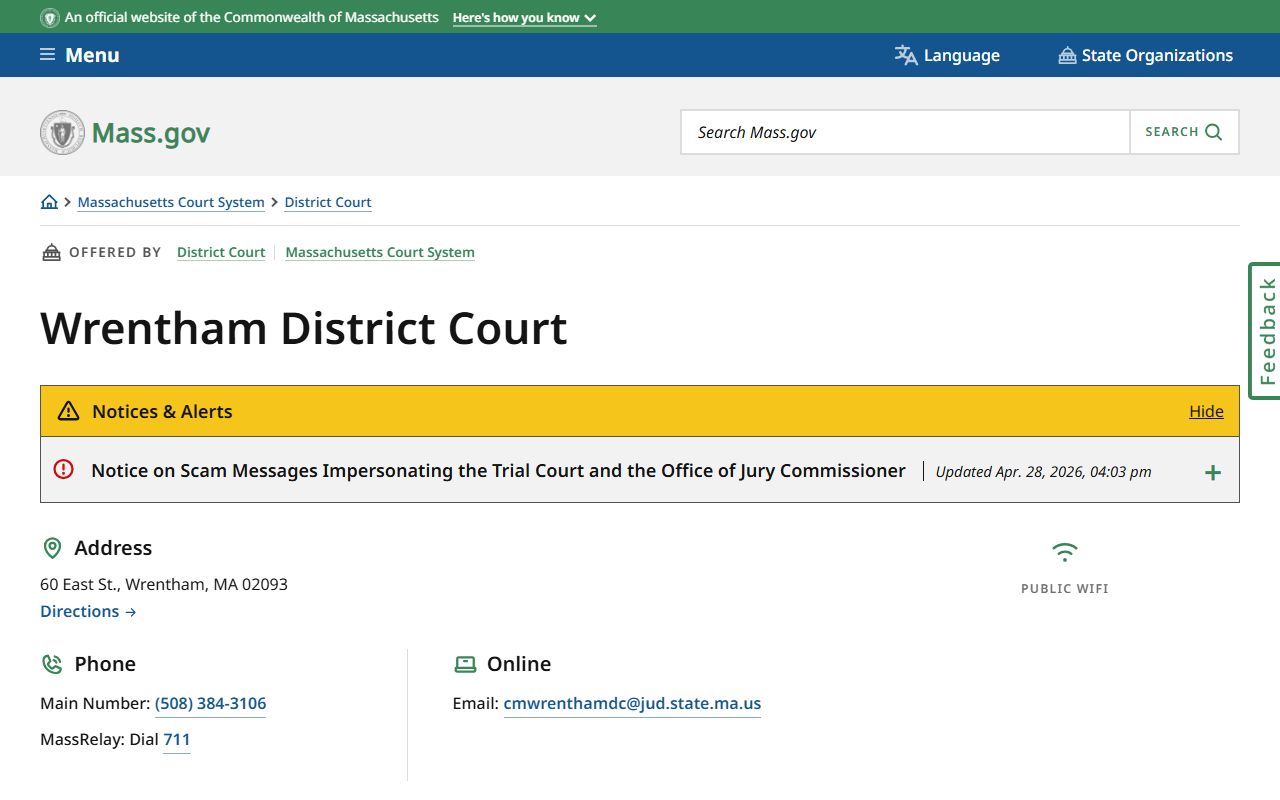Norfolk County District Court at Wrentham District Court location and service area