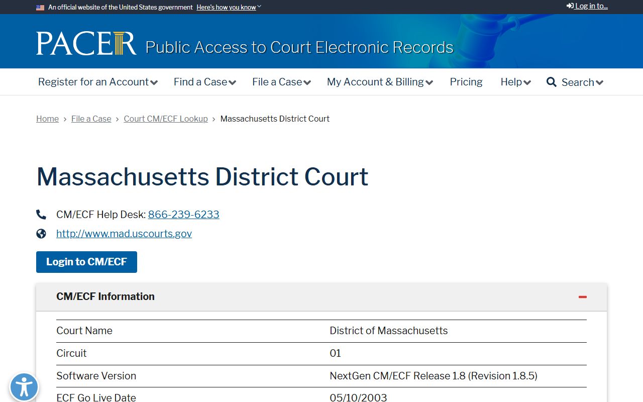 Norfolk County federal court records PACER lookup for the District of Massachusetts