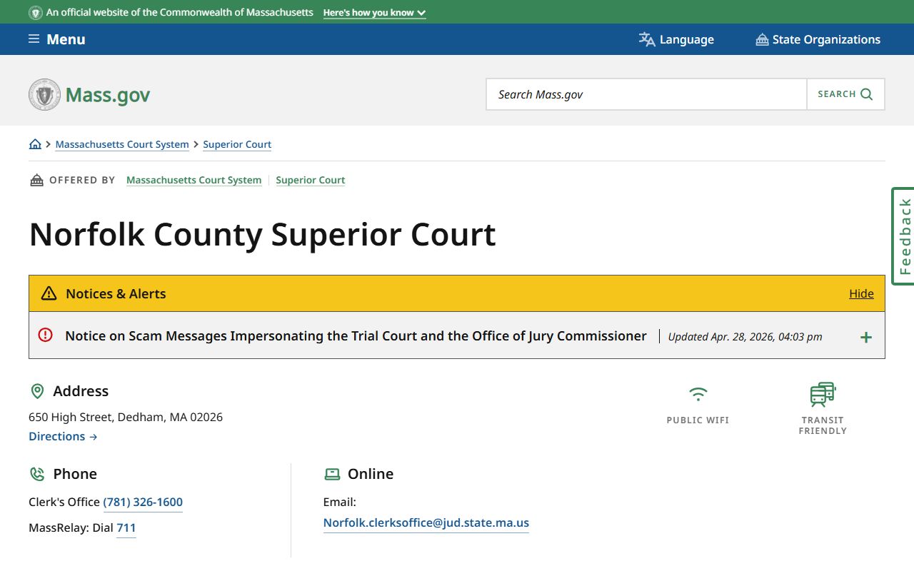 Norfolk County Court records office at the Superior Court in Dedham