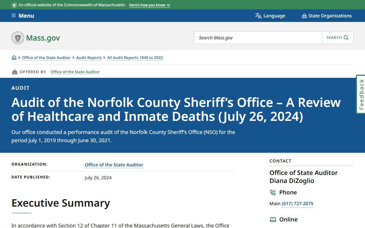 Norfolk County inmate population data from the State Auditor report on the Norfolk Sheriff's Office