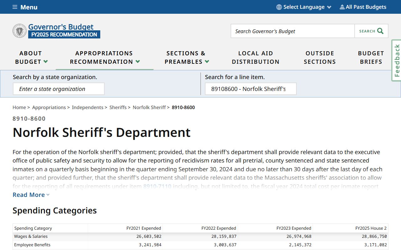 Norfolk County inmate population reporting requirements in the Massachusetts FY25 budget for the Norfolk Sheriff