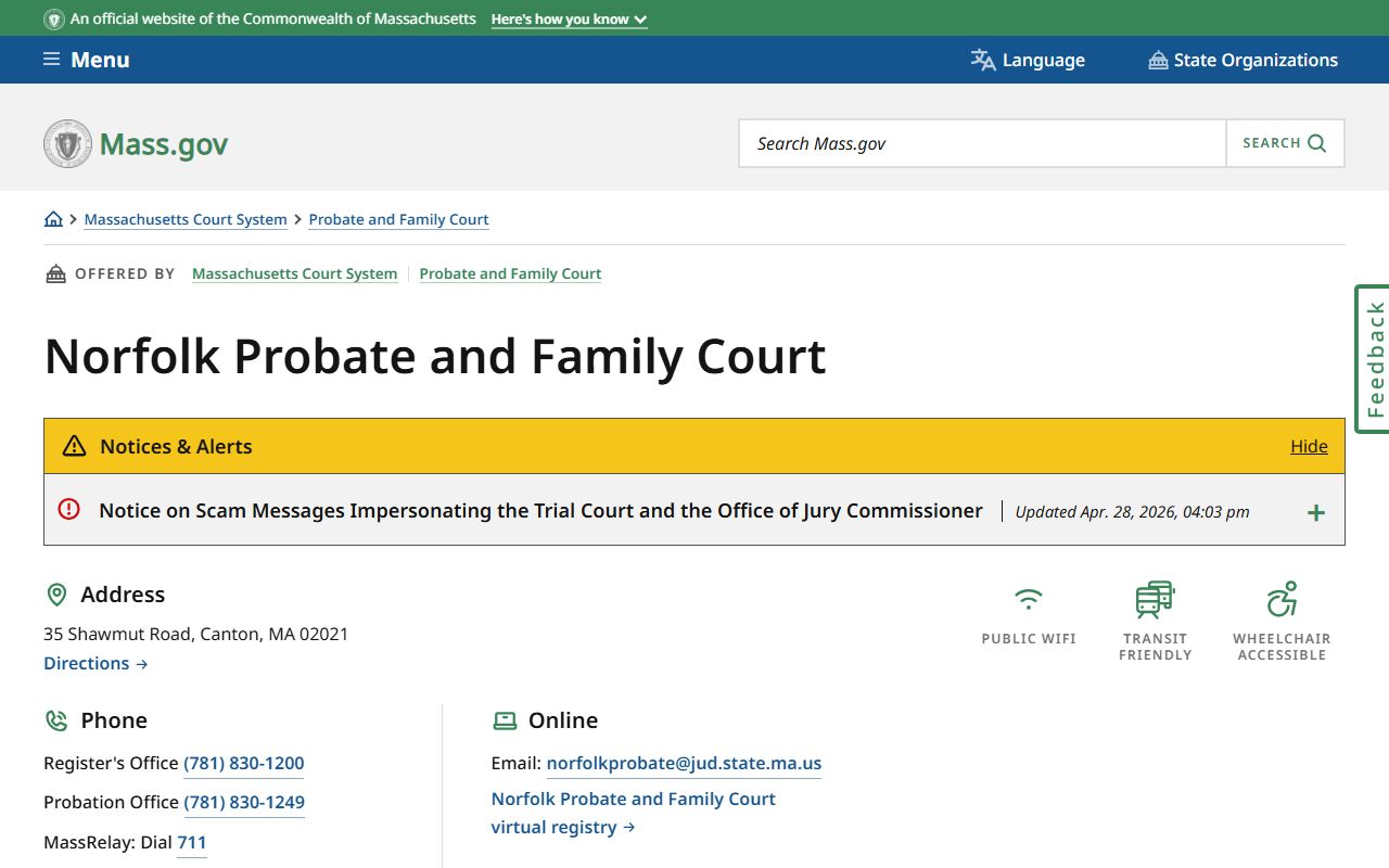 Norfolk County probate records court location page on Mass.gov