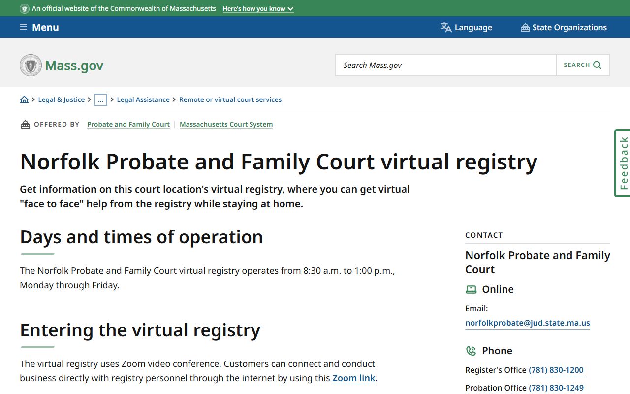 Norfolk County probate records virtual registry Zoom access page
