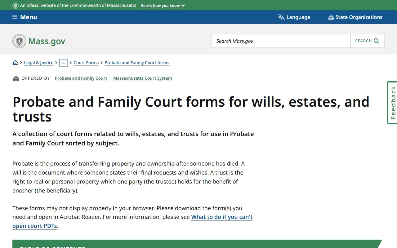 Norfolk County probate records forms list for wills estates and trusts on Mass.gov