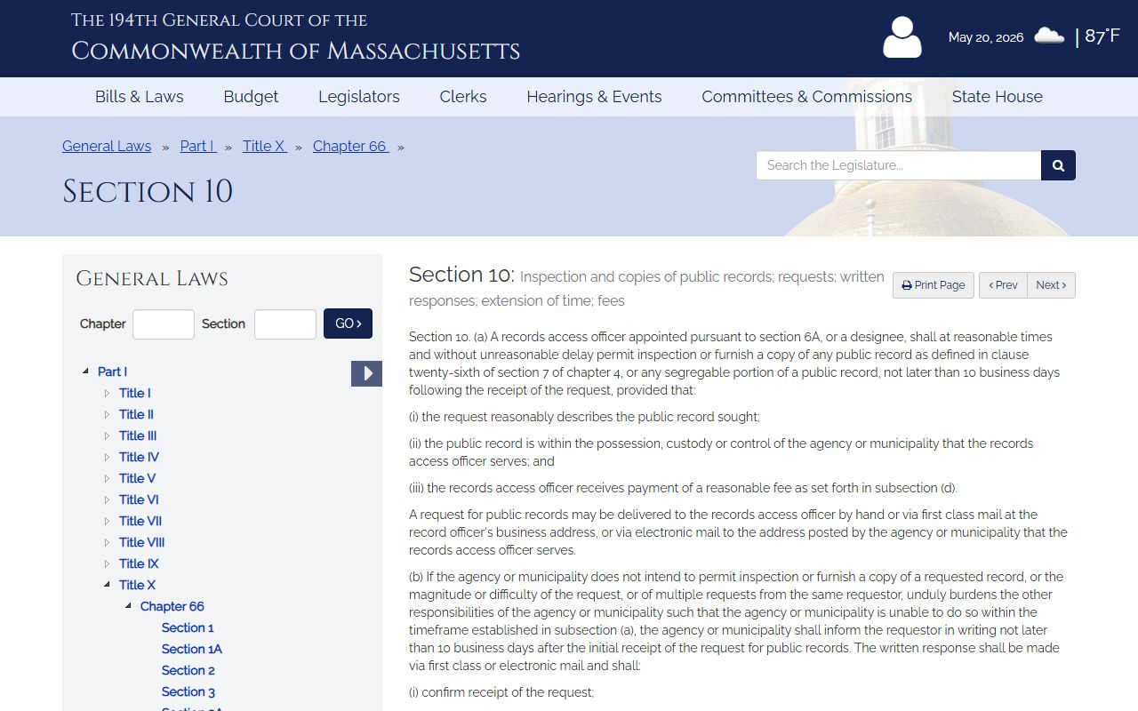 Norfolk County public records request statute on the Massachusetts Legislature website