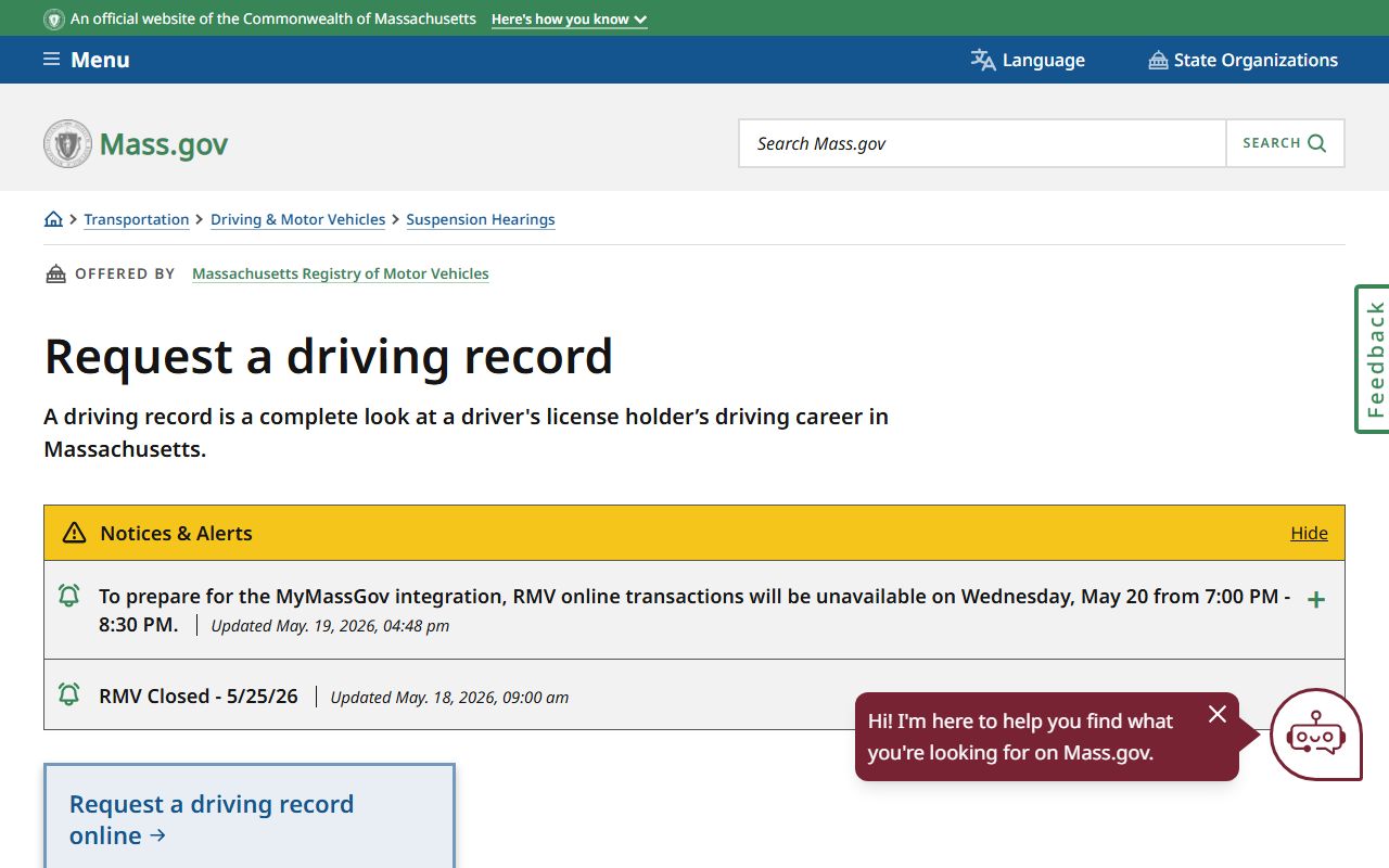 Norfolk County traffic records requester viewing the RMV driving record request page on Mass.gov