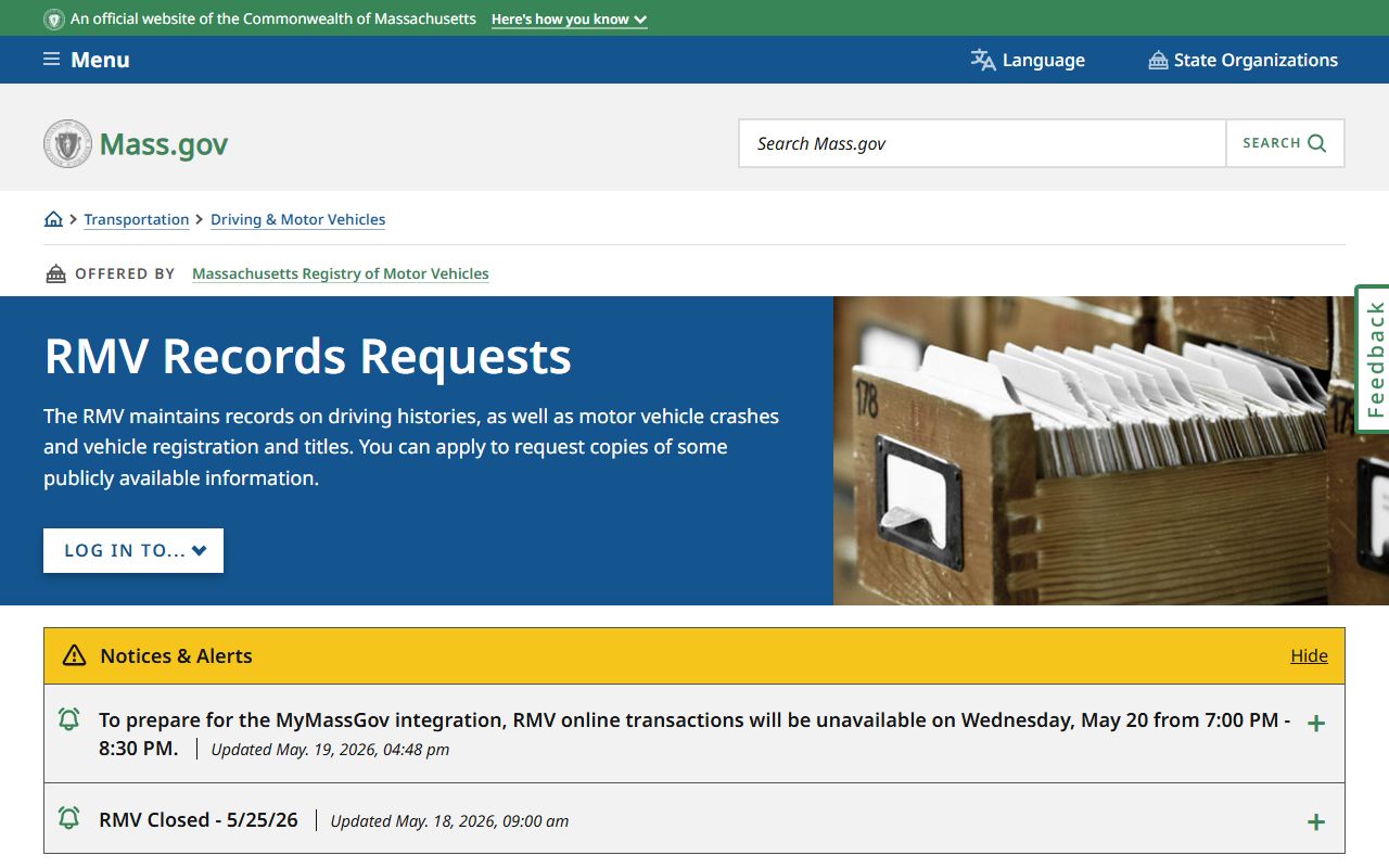 Norfolk County traffic court records supplement from the RMV records requests page showing driving record fees and options