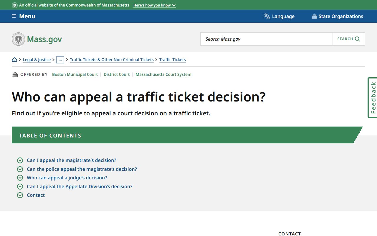 Norfolk County traffic citation appeal process shown on the Mass.gov traffic ticket appeal page