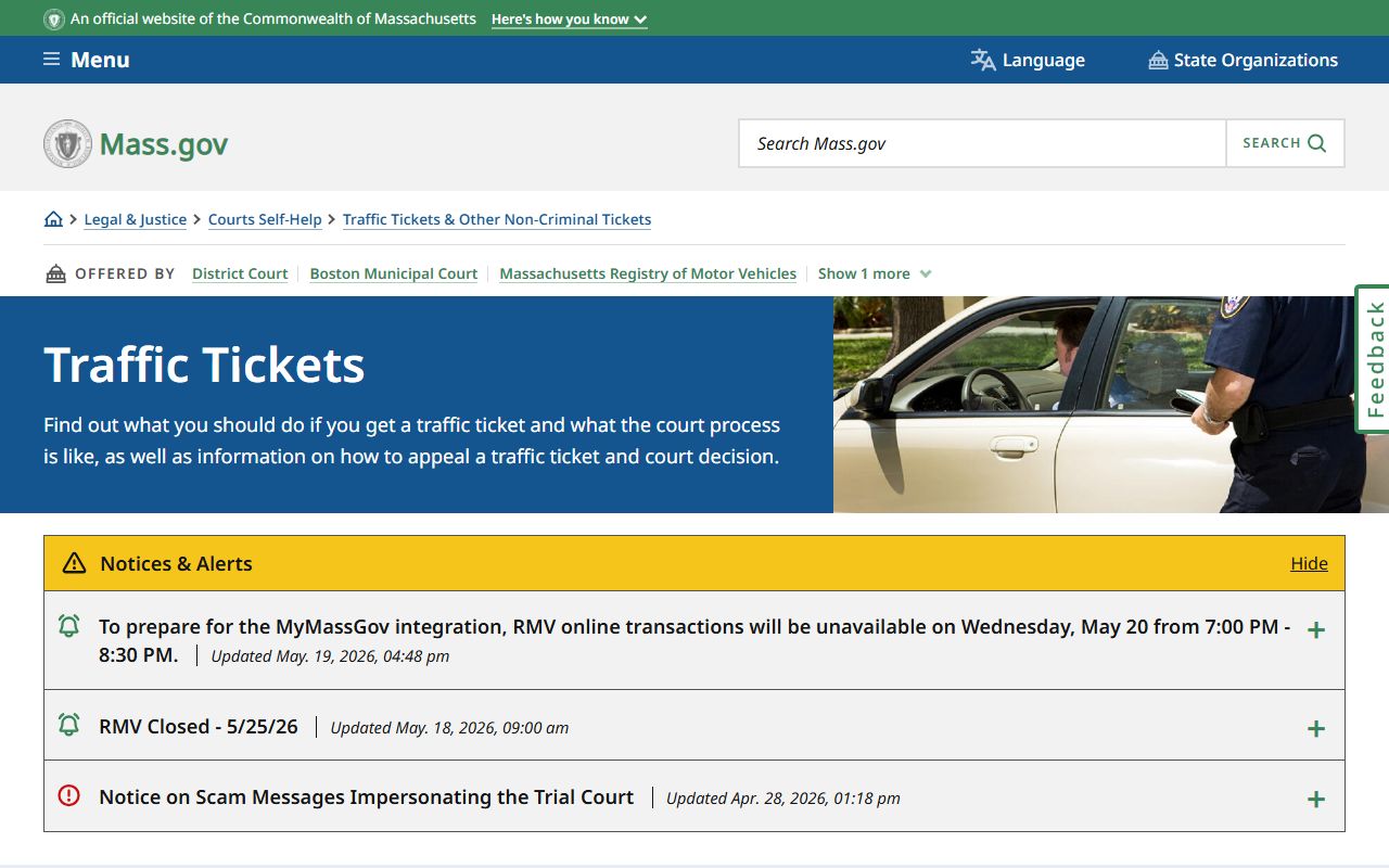 Norfolk County traffic court records and citation payment options on the Mass.gov traffic tickets page