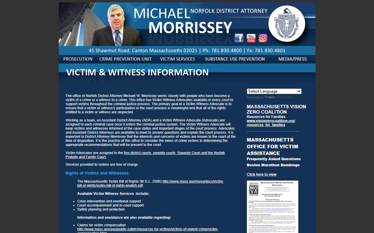 Norfolk County DA Victim Witness program page related to Norfolk County warrant scam victims and support