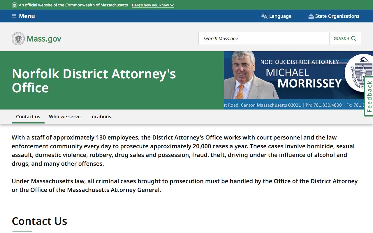 Norfolk County District Attorney's Office page for warrant cases and Norfolk County warrant records