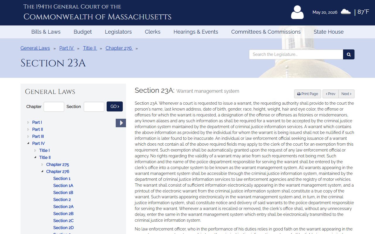 Norfolk County warrant management statute M.G.L. c.276 section 23A at the Massachusetts Legislature